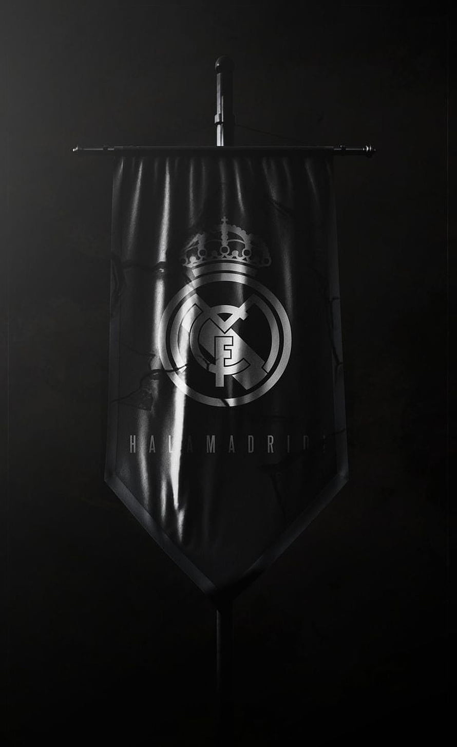 Real Madrid Black Banner with Hala Madrid Text and Club Crest on Dark Background HD phone wallpaper
