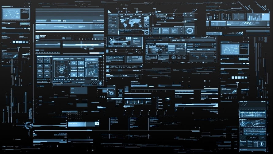 Futuristic Holographic Command Center Interface with Data Visualizations and World Map HD wallpaper