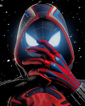 Spider-Man Iron Spider Armor Close-Up with Glowing Eyes and Snowfall, Spiderman, cine, superheroe HD phone wallpaper