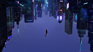Lone figure falling through a surreal inverted cyberpunk cityscape with neon-lit skyscrapers HD wallpaper