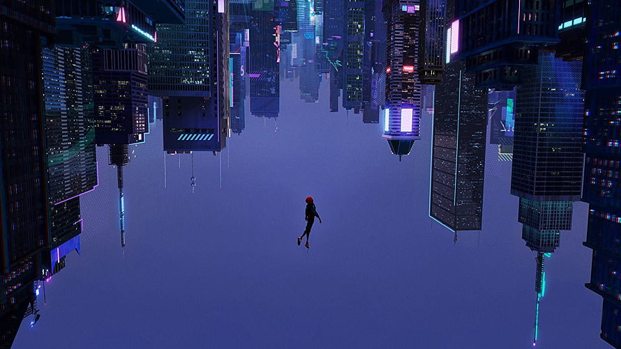 Lone figure falling through a surreal inverted cyberpunk cityscape with neon-lit skyscrapers HD wallpaper