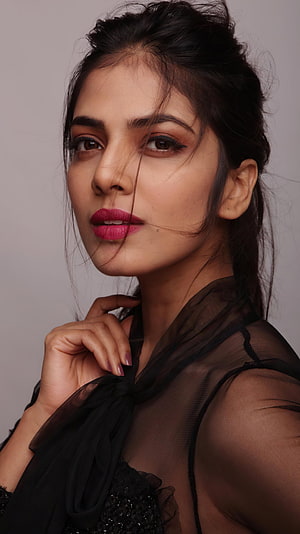 Malavika Mohanan Portrait in Black Sheer Top with Bold Pink Lipstick HD phone wallpaper