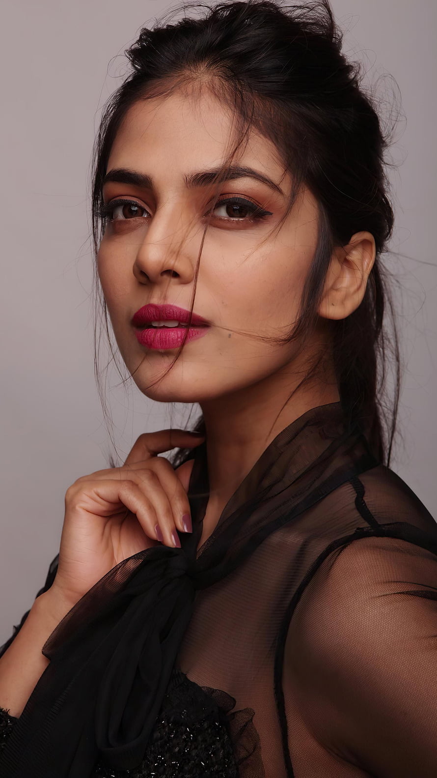 Malavika Mohanan Portrait in Black Sheer Top with Bold Pink Lipstick HD phone wallpaper