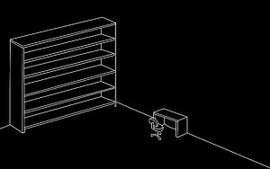 Minimalist Wireframe Office Room with Bookshelf and Desk on Black Background HD wallpaper