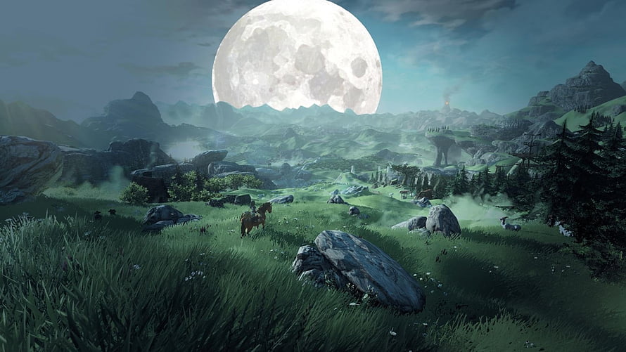 The Legend of Zelda: Breath of the Wild Hyrule Field Moonlit Landscape HD wallpaper