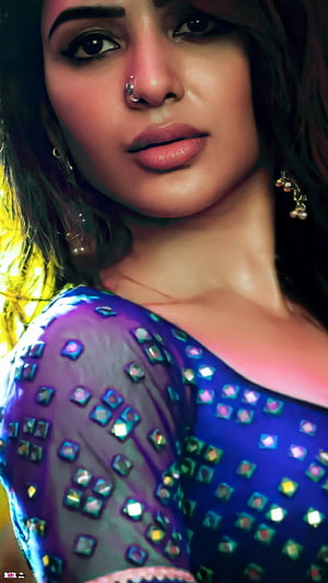 Samantha Akkineni in a vibrant blue and purple sequined outfit with traditional jewelry HD phone wallpaper