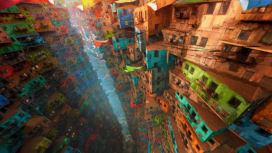 Vibrant Aerial View of Colorful Urban Cityscape with Dense Apartment Buildings HD wallpaper