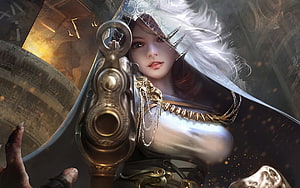 WLOP Fantasy Artwork of a Hooded Woman Holding an Ornate Brass Instrument HD wallpaper