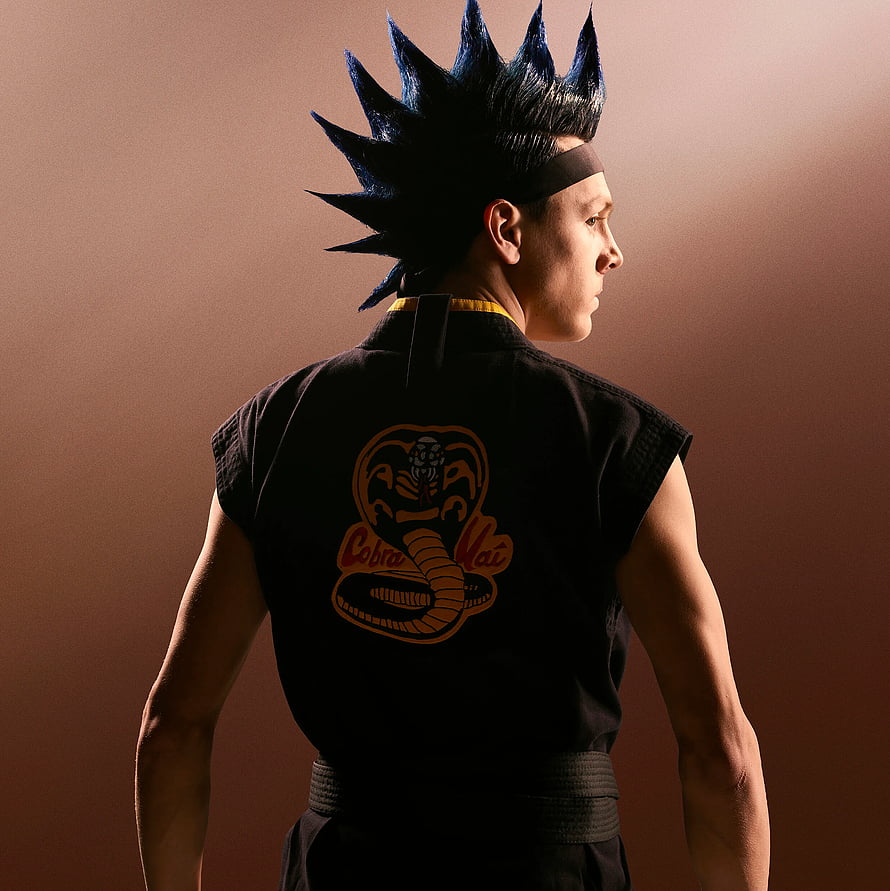Hawk from Cobra Kai in black gi with spiky hair and headband, studio portrait HD phone wallpaper