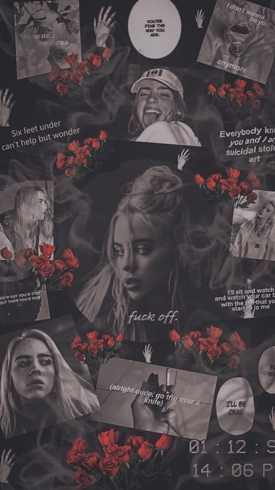 Billie Eilish Dark Aesthetic Collage with Red Roses and Smoke HD phone wallpaper