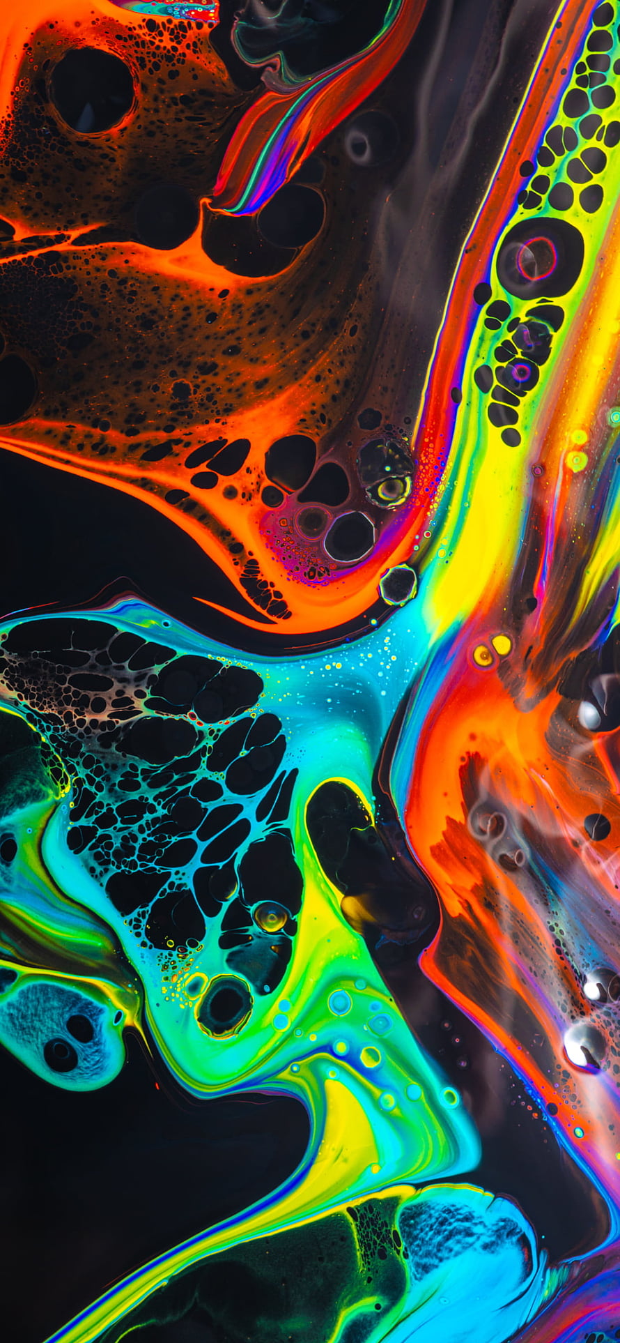 Vibrant Fluid Art with Swirling Orange and Blue Ink Patterns HD phone wallpaper