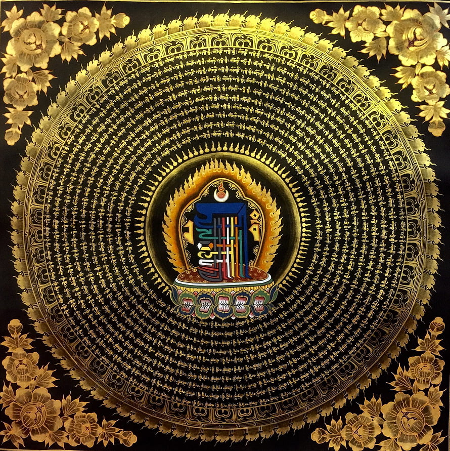 Om Mani Padme Hum Mantra Mandala with Tibetan Buddhist Symbol and Golden Lotus Border HD phone wallpaper