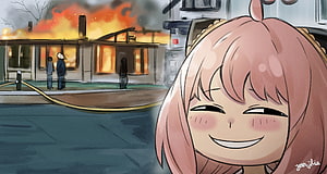 Anya Forger from Spy x Family Smiling in Front of a Burning Building HD wallpaper