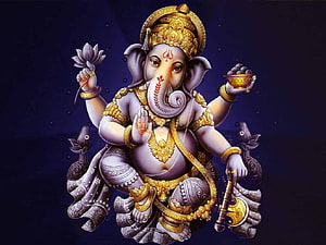 Lord Ganesha Digital Art with Lotus, Modak, and Axe on Dark Background HD wallpaper