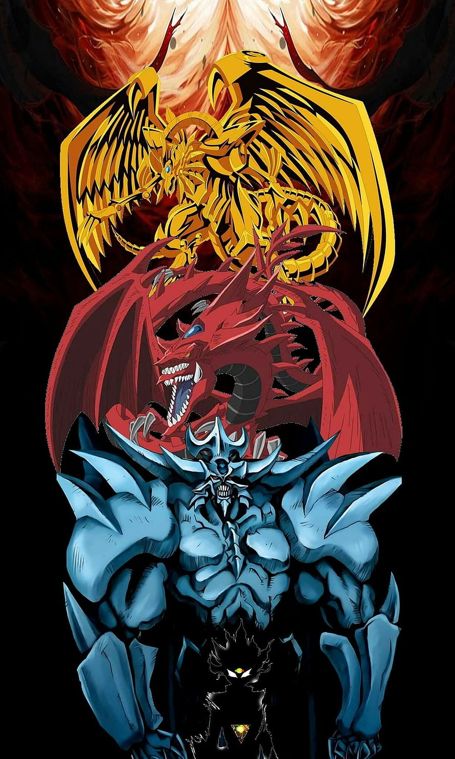 Yu-Gi-Oh! Egyptian God Dragon Trio: Winged Dragon of Ra, Slifer, and Obelisk the Tormentor HD phone wallpaper