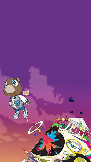 Kanye West Graduation Album Artwork with Cartoon Bear and Surreal Sky Scene HD phone wallpaper