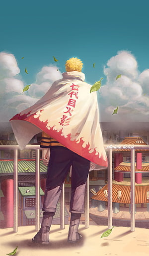 Naruto Uzumaki as the Seventh Hokage Standing on a Balcony Overlooking the Hidden Leaf Village HD phone wallpaper