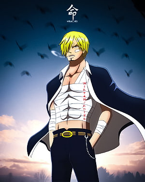 Vinsmoke Sanji Bandaged Portrait in Dark Coat Against Dramatic Sky HD phone wallpaper