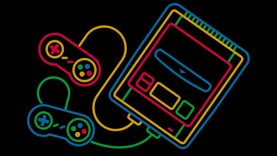 Neon Line Art of Retro Game Console and Controllers on Black Background HD wallpaper