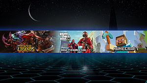 Gaming Banner Featuring League of Legends, Grand Theft Auto, and Minecraft Artwork HD wallpaper