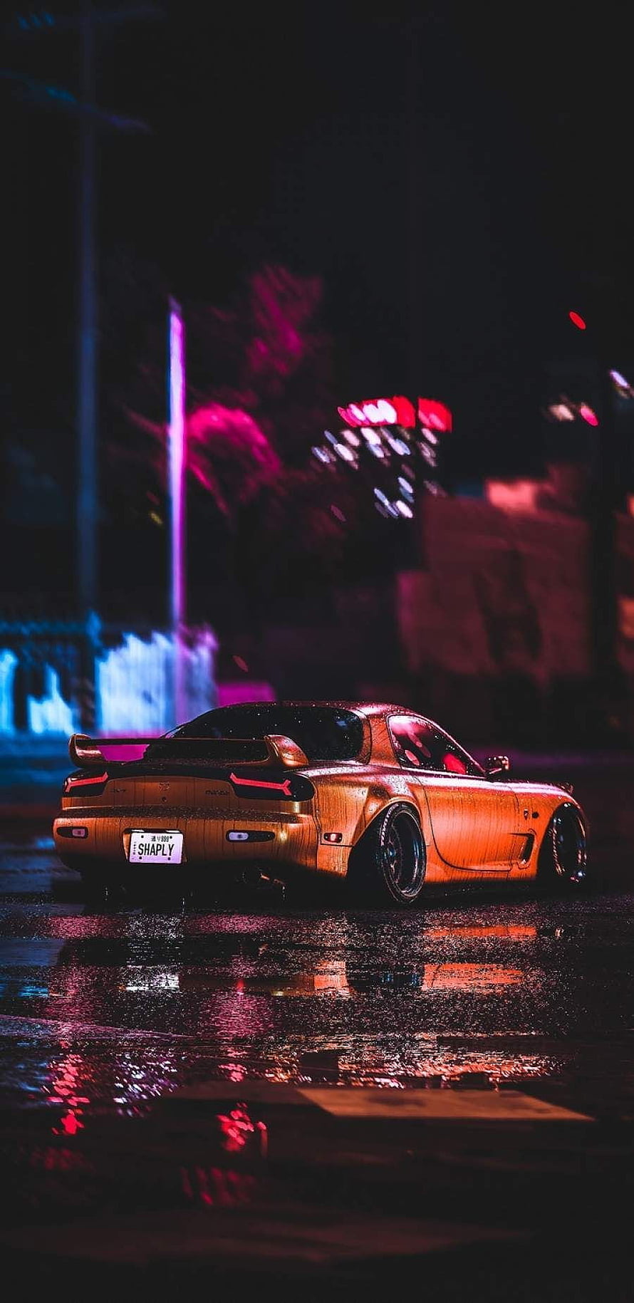 Mazda RX-7 FD3S JDM Coupe Parked on Wet Street at Night with Neon City Lights HD phone wallpaper