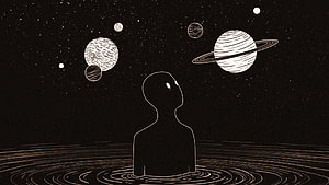 Minimalist silhouette of a person gazing at planets and stars in a cosmic ocean HD wallpaper
