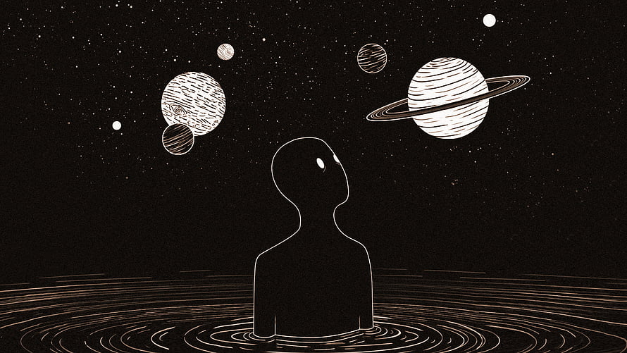 Minimalist silhouette of a person gazing at planets and stars in a cosmic ocean HD wallpaper