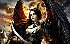 Dark Angel Warrior With Black Wings And Horns In Fantasy Battle Art HD wallpaper
