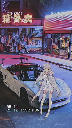 Anime girl standing beside a white JDM sports car in a neon-lit cyberpunk city street at night HD phone wallpaper