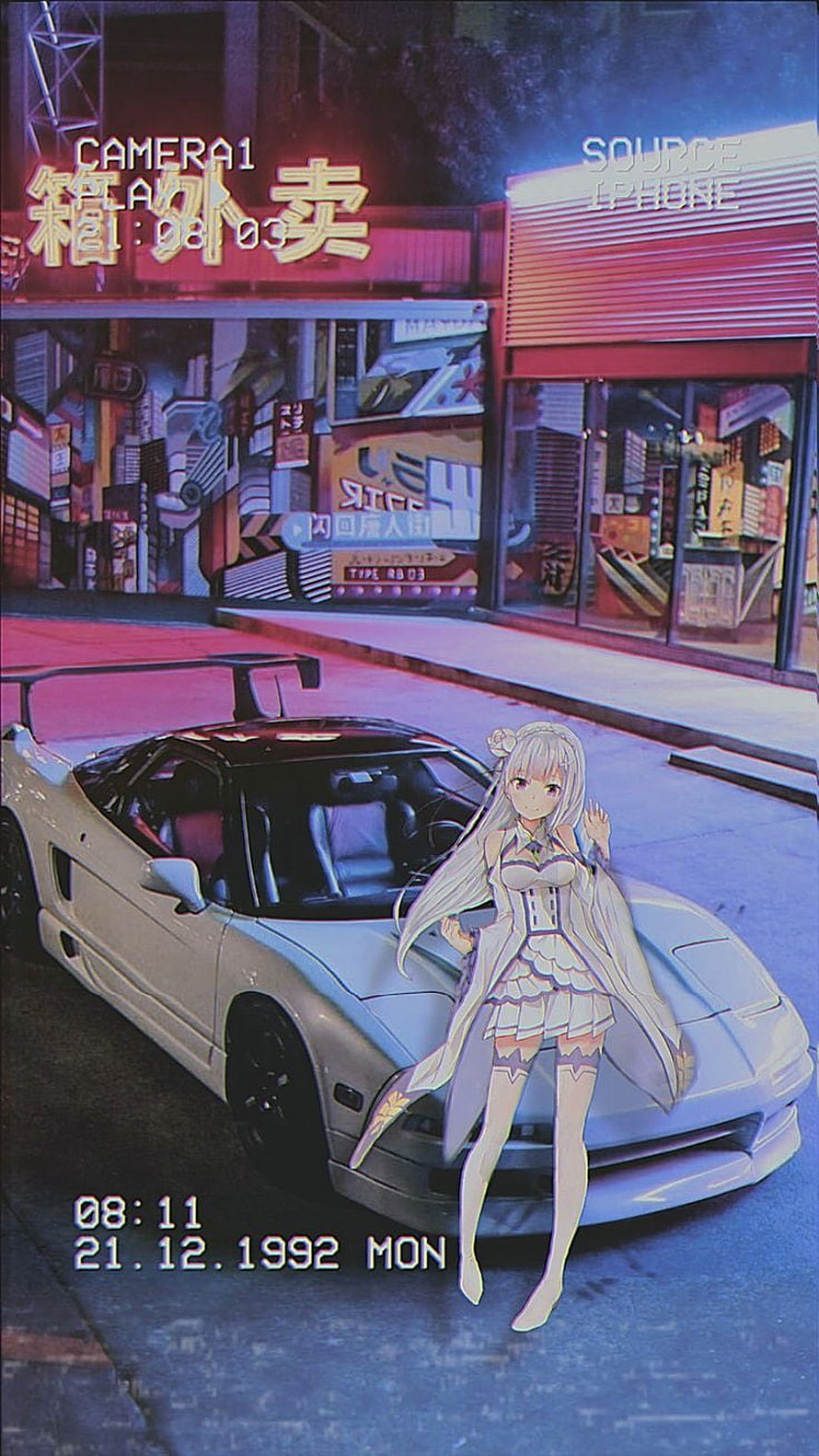 Anime girl standing beside a white JDM sports car in a neon-lit cyberpunk city street at night HD phone wallpaper