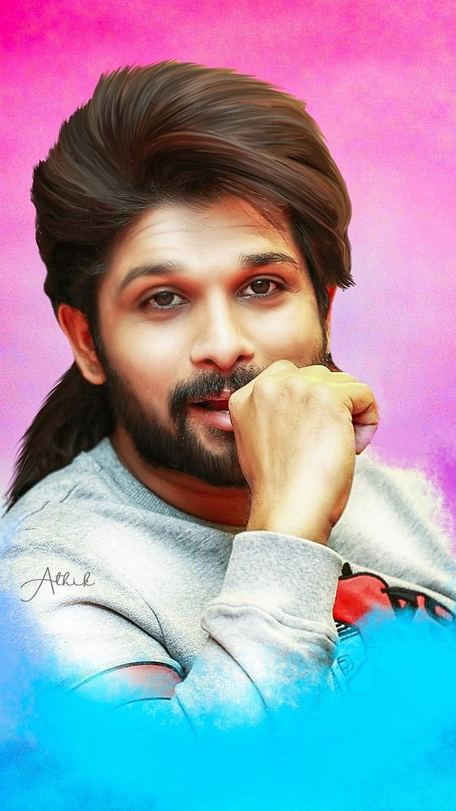 Allu Arjun Portrait With Bearded Look And Grey Sweatshirt Against Vibrant Pink Background HD phone wallpaper