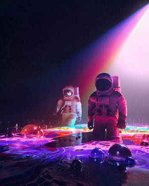 Two Astronauts Wading Through Neon Liquid Under a Prismatic Light Beam in a Dark Void HD phone wallpaper