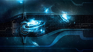 Futuristic Blue Digital Interface with Glowing Galaxy Vortex and Hexagonal Grid HD wallpaper