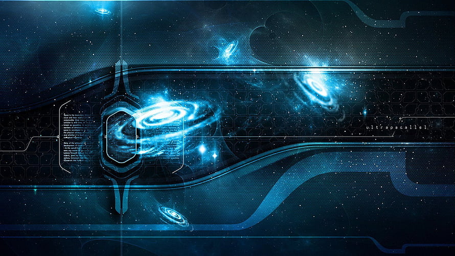 Futuristic Blue Digital Interface with Glowing Galaxy Vortex and Hexagonal Grid HD wallpaper