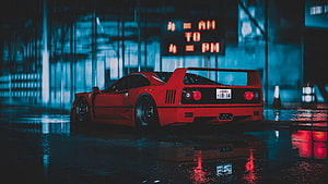 Red Ferrari F40 Rear Three-Quarter View on Wet Night Street with Neon Reflections HD wallpaper