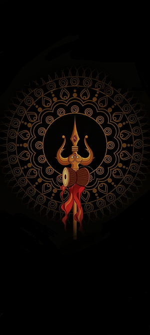 Shiva Trishul and Damaru Ornamented with Intricate Mandala Patterns on Black Background HD phone wallpaper