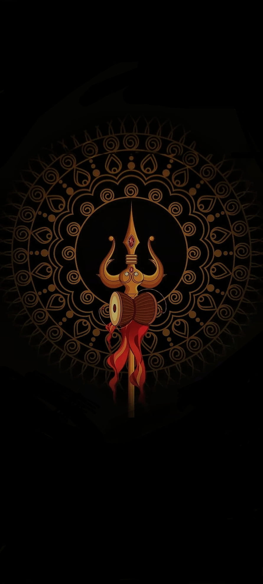 Shiva Trishul and Damaru Ornamented with Intricate Mandala Patterns on Black Background HD phone wallpaper