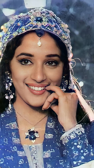 Madhuri Dixit Vintage Bollywood Portrait in Traditional Blue Attire and Jewelry HD phone wallpaper