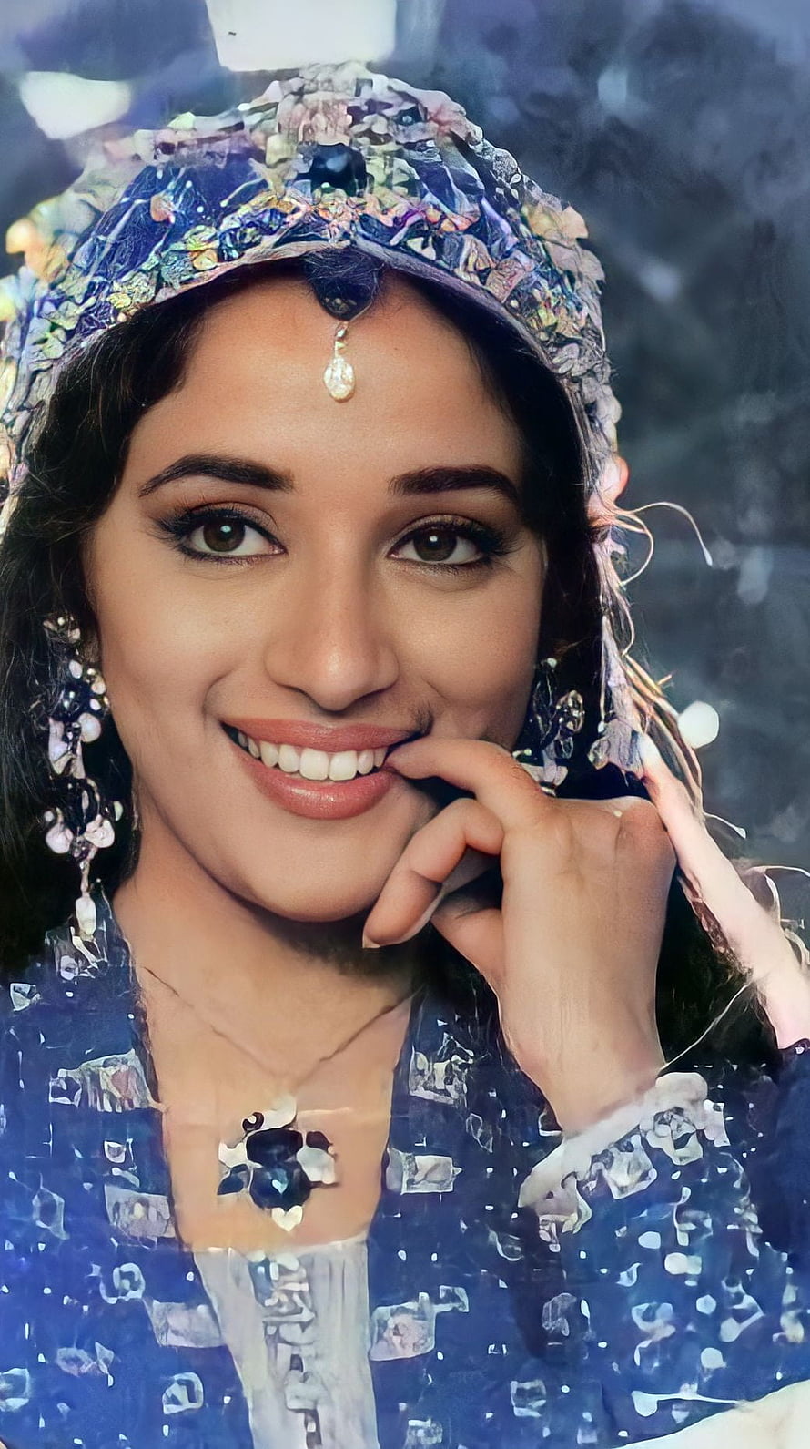 Madhuri Dixit Vintage Bollywood Portrait in Traditional Blue Attire and Jewelry HD phone wallpaper