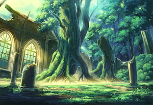 Ancient Ruins Overgrown by Lush Forest in Anime Fantasy Art Style HD wallpaper