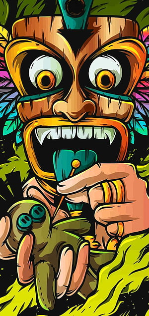 Vibrant Polynesian Tiki Mask Illustration with Tropical Feathers and Bold Graphic Style HD phone wallpaper