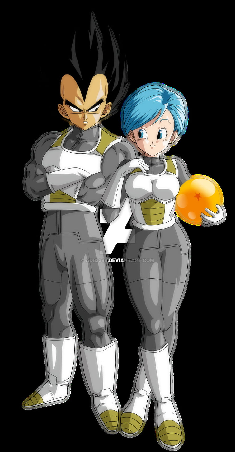 Vegeta and Bulma in Capsule Corp Battle Suits Holding a Dragon Ball HD phone wallpaper