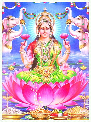 Gajalakshmi Deity Seated on Lotus with Elephants and Offerings HD phone wallpaper