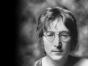 John Lennon Black and White Portrait with Round Glasses and Wavy Hair HD wallpaper