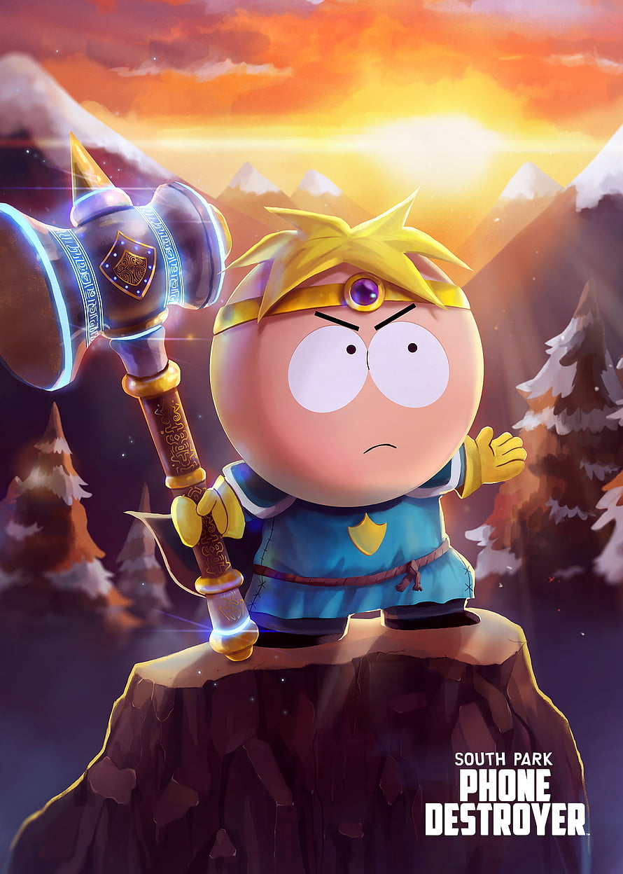 South Park Phone Destroyer Character Art with Magical Hammer and Mountain Sunset HD phone wallpaper