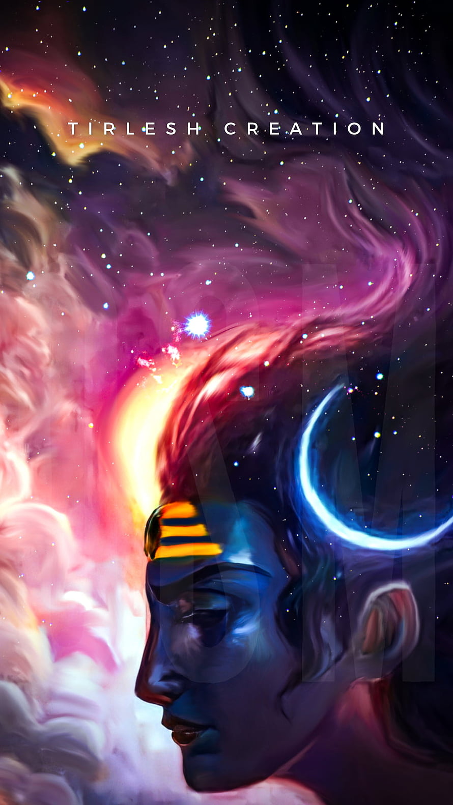 Shiva Cosmic Profile with Crescent Moon and Trishul Mark in Vibrant Nebula Art HD phone wallpaper