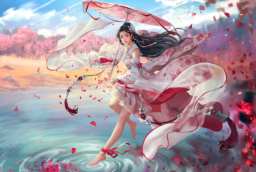 Ethereal Asian Woman Dancing on Water with Parasol and Cherry Blossoms HD wallpaper