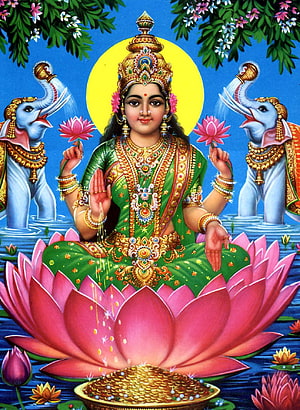 Goddess Lakshmi Seated on Lotus with Elephants and Gold Coins HD phone wallpaper