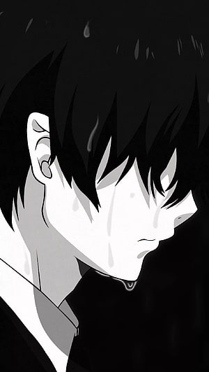 Monochrome Anime Boy in Profile with Tears and Dark Hair HD phone wallpaper