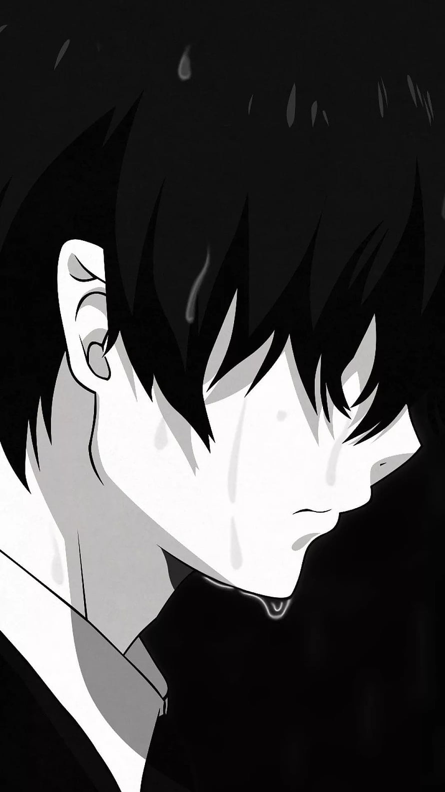 Monochrome Anime Boy in Profile with Tears and Dark Hair HD phone wallpaper